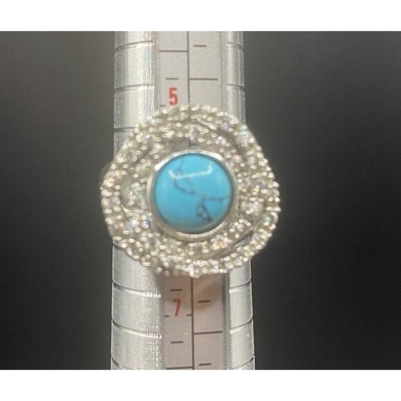 Turquoise Cabochon Ring w/ Orbiting Numerous CZ Split Shank Size 6 Futuristic - Picture 5 of 7